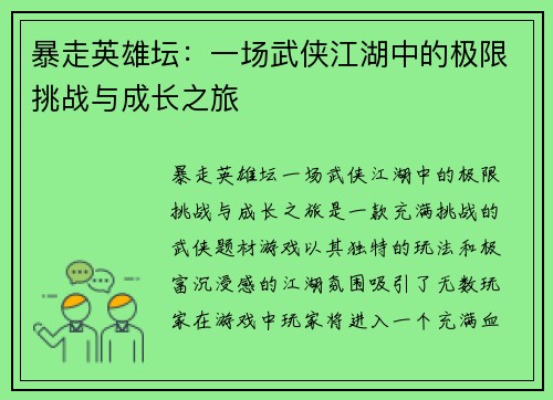 暴走英雄坛：一场武侠江湖中的极限挑战与成长之旅